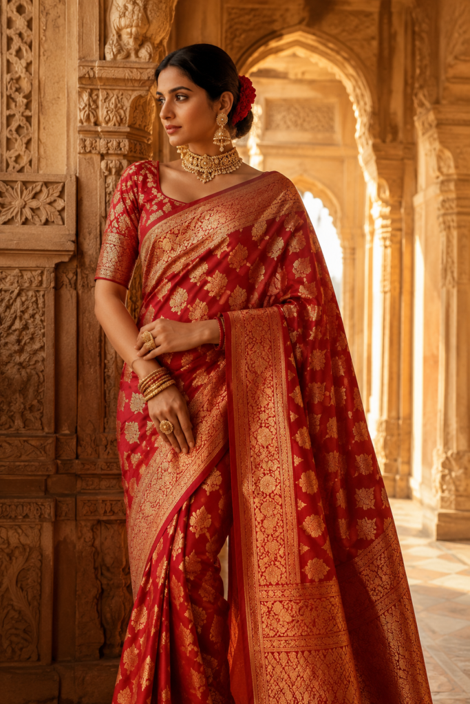 Elegant Indian woman wearing a handcrafted royal red Banarasi silk saree with intricate golden zari work inside a heritage palace in Varanasi.