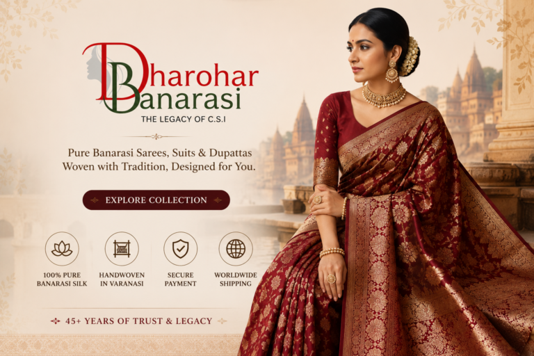 Luxury homepage banner of Dharohar Banarasi featuring a model wearing a maroon handwoven Banarasi silk saree with the Dharohar Banarasi logo, authentic Varanasi heritage background, premium silk collection, secure payment, and worldwide shipping.
