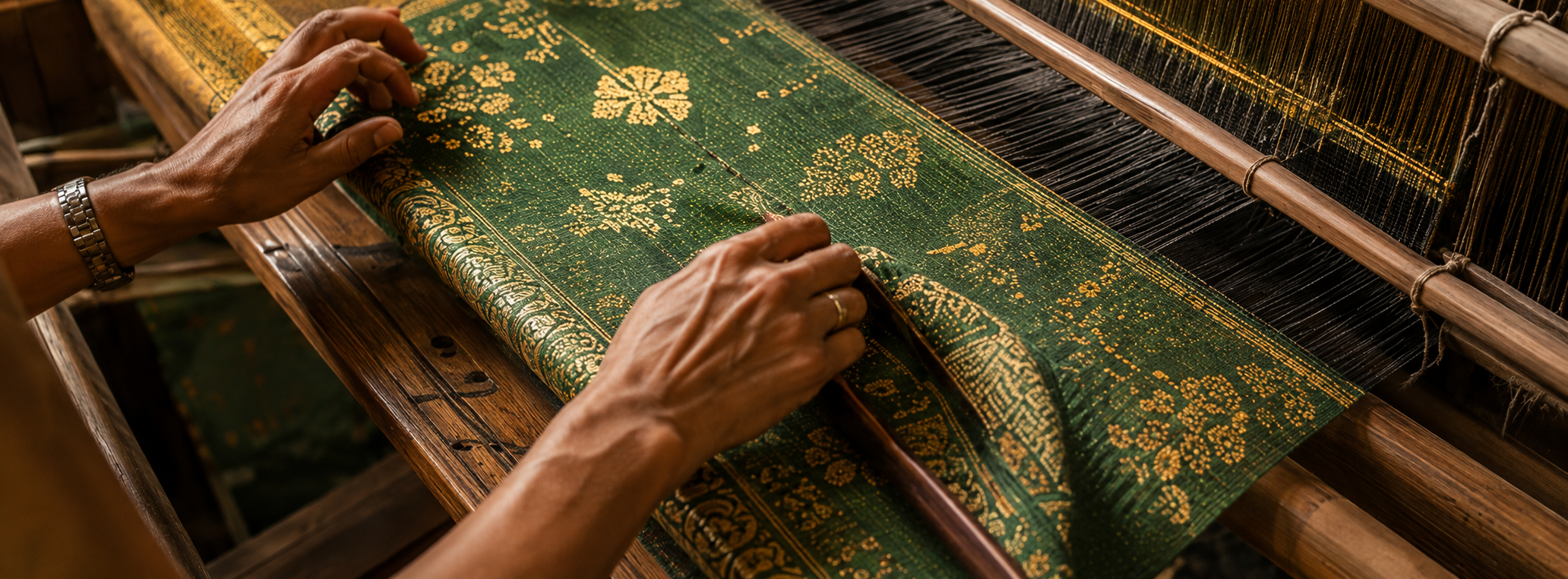 Banarasi saree being handwoven on a traditional wooden handloom with intricate golden floral motifs