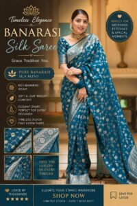 Blue Banarasi silk saree with silver zari motifs and traditional woven border