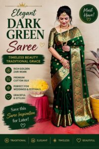 Dark green Banarasi saree with golden zari work and traditional floral motifs