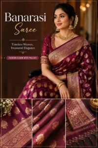 Maroon Banarasi saree with intricate golden zari motifs and traditional woven border