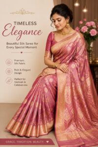 Pink silk Banarasi saree with golden zari motifs and traditional woven border
