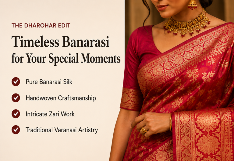 Red Banarasi silk saree with intricate golden zari work, traditional floral motifs and detailed border, featured in the Dharohar Banarasi collection