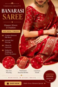 Red Banarasi silk saree with intricate golden zari work and traditional Banarasi border